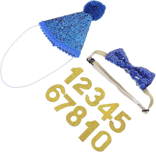 Pet Party Hat and Sequined Bow Tie Set for Dogs Puppy Birthday Party Supplies Blue Trimmed Hat with Number and Royal Blue Bowknot Accessory