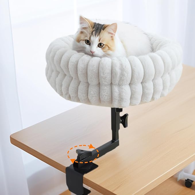 Cat Desk Bed, 360° Rotating and Adjustable Pet Bed, with Soft Mat, Stylish Indoor Cat Nest for Workstations and Game Tables, Brown