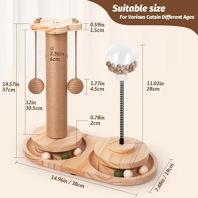 4 in 1 Cat Scratching Post. Wooden Kitten Scratching Post. Kitten Toys for Indoor Cats with Leaky Food Ball and 2 Sisal Hanging Balls. 15.7" Cat Scratcher with 2 Cat Ball Tracks for Kittens