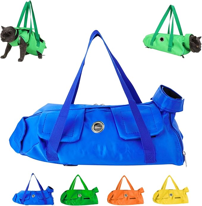 Cat Restraint Bag, Scratch-Resistant Nylon Cat Grooming Bag with Zipper & Paste Tape, Adjustable Multifunctional Cats Carry Bag for Administering Eye Drops, Ear Cleaner, Clipping Nails (Blue_M)