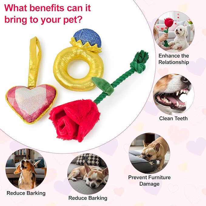 Vehomy Valentine's Day Dog Toys Set- Puppy Diamond Ring Toy with Squeaker Dog Crinkle Rose & Squeaky Love Heart Toys 3-Pack Valentines Pet Toy for Small Medium Dogs