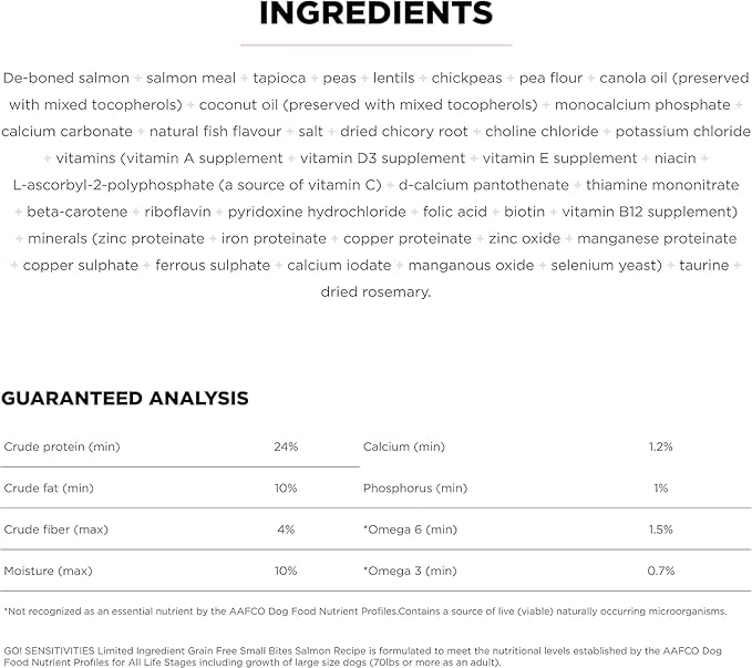 Go! Solutions Sensitivities Limited Ingredient Small Bites Salmon Grain-Free Dry Dog Food, Tiny Kibble for Little Breeds, Chicken-Free for Sensitive Stomachs, for Puppies, Adults, Seniors, 3.5 lb Bag
