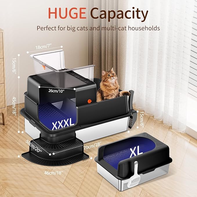 XXXL Stainless Steel Litter Box, 28"x20"x18" Extra Large Fully Enclosed High Sided Metal Cat Litter Box with Filtered Grid, Step, Scoop, Non-Sticky, Non-Odor, Easy Cleaning (Black)