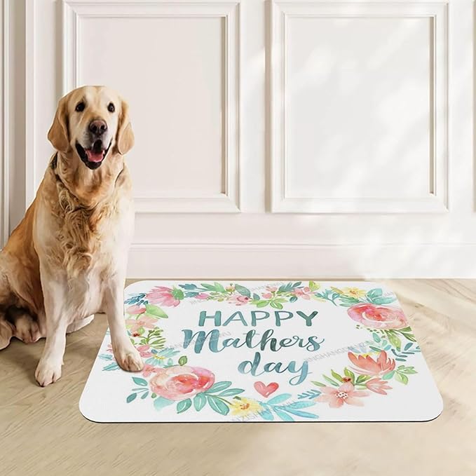 Pet Cat Dog Food Mat Absorbent Dog Feeding Mat Happy Mother's Day Floral Gift Mom Ec No Stains Cat Food Mats Indoor Pet Accessories Supplies Dogs Placemat Water Bowl Mats with Rubber Backing 24x16In