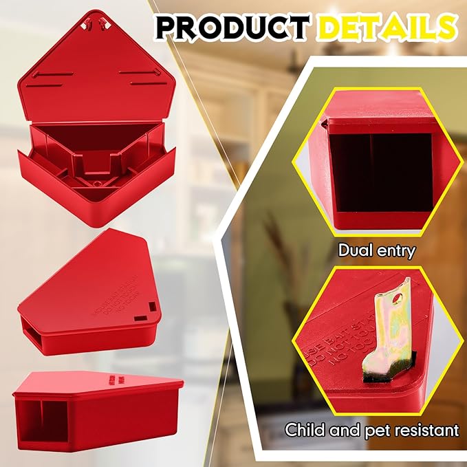 Qualirey Mice Station with Key Triangle Mouse Station Reusable Rodent Trap Box, Keeps Children and Pets Safe Indoor & Outdoor Suitable for Small Mice(Red,12 Pcs)