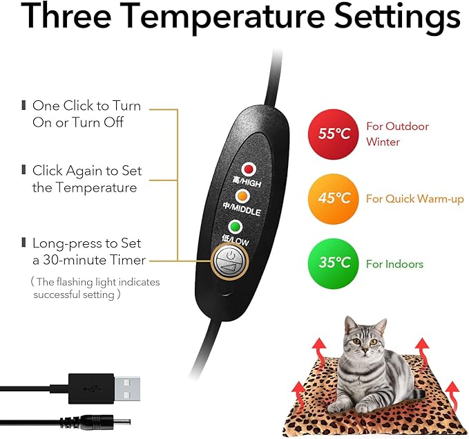 USB Heating Pad for Cat, Small Dog, 5V Safe Heated Pet Mat with 3-Temp, Hand Washable Warming Pad for Indoor Outdoor Use, Powered by Battery Operated Power Bank Car Charger (Black)