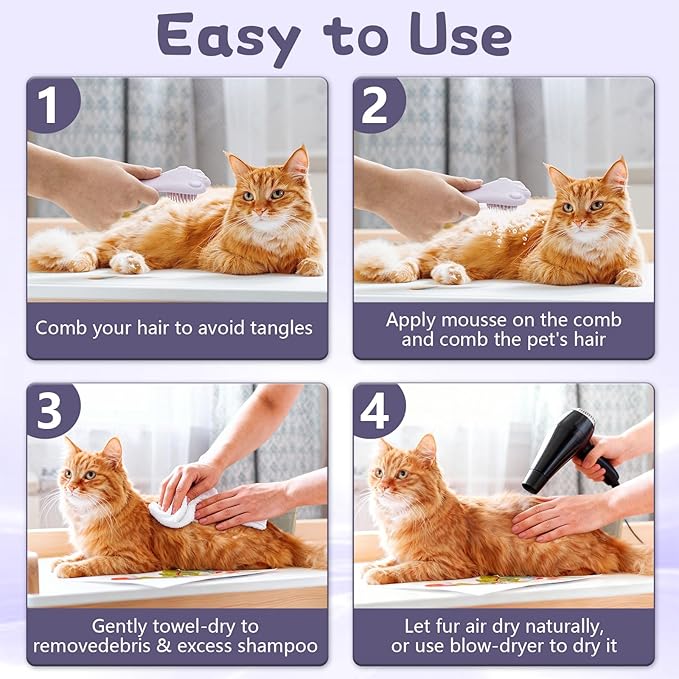 Cat Waterless Shampoo with Brush, for Quick Cleaning Between Baths, No Rinsing Needed, Hypoallergenic, Suitable for Cats and Dogs