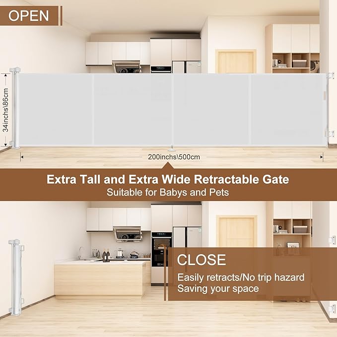 200 inch Retractable Baby Gates 37 inch Tall, Retractable Gate with Reinforced Strip Design to Prevent Crawling Through, 16 FT Outdoor Retractable Gates, Extra Wide Retractable Gate for Garage