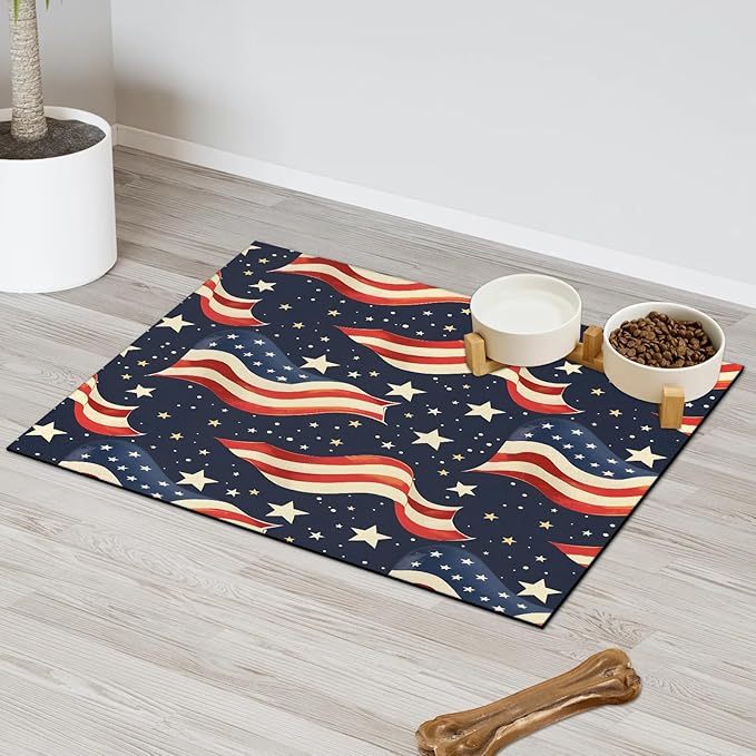 4th of July Dog Food Mat for Floors Absorbent Dog Bowl Mat for Food and Water Dispenser Quick Dry Cat Food Placemat Pet Supplies 12" x 20", Galaxy Star