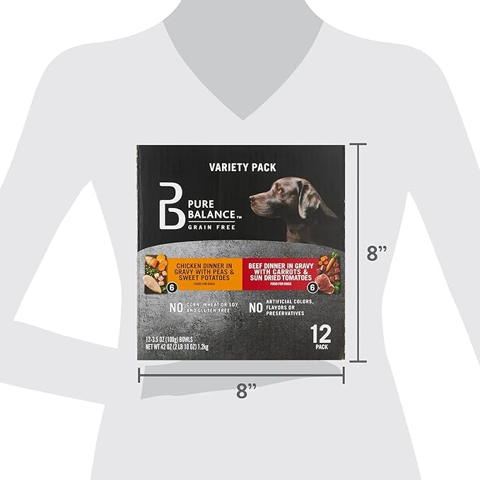 Pure Balance Grain-Free Wet Dog Food Variety Pack, Chicken Dinner with Peas & Sweet Potatoes and Beef Dinner with Carrots & Sun Dried Tomatoes in Gravy, 3.5 oz Cups (12 of 3.5 oz Cups)