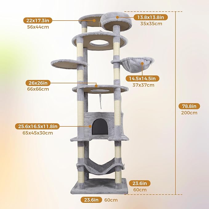 78.8 Inches Cat Tower for Indoor Cats, Cute Cat Tree with Cozy Condo, Platform, Hammock, Sisal Scratch Board and Interactive Toy (Light Gray)
