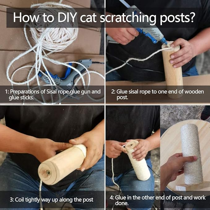 Sisal Rope 6mm for Cat Scratcher Repair and Replace Cat Scratching Post, DIY Scratching Furniture - Cat Tree, Scratch Carpet & Mat, Cat Kicker Toys, Black 164ft/50m