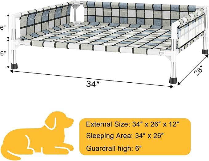 Elevated Raised Outdoor Dog Bed - Cooling Washable Dog Cot with Guardrail, Durable & Breathable Cotton Mesh Pet Hammock Beds with Stainless Steel Pipe Frame for Large Pets (34'' x 26'' x 12'')