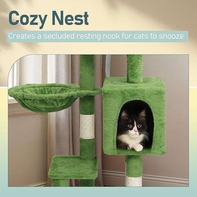 48in Plush Cat Tree with Leaves, Multi-Level Cat Tower with Scratching Post, Cozy Condo & Padded Perch, Dangling Ball for Kittens and Indoor Cats, Compact Cat Furniture for Small Spaces, Green