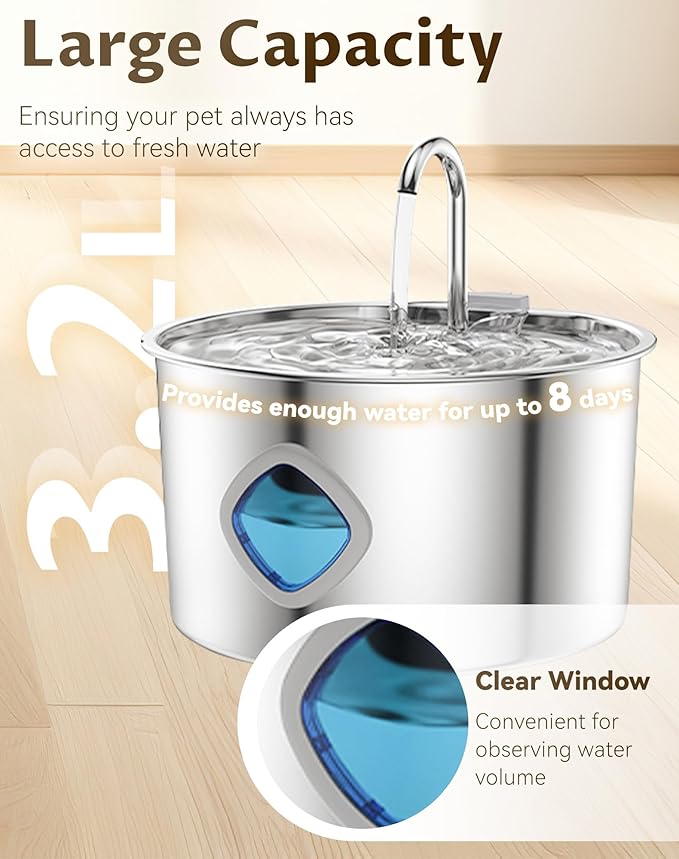 Dog Water Bowl, 3.2L Stainless Steel Dog Water Fountain with 10 Filter & Quadruple Filtration, Quiet Pump Fresh Water Bowl for Pets, Visible Water Level, Easy to Clean for Dog Cat (8 Filters)