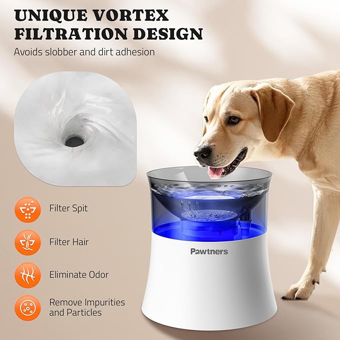 Pawtners Dog Water Fountain, 1 Gallon Automatic No Spill Pet Water Bowl Dispenser for Small Medium Large Dogs with Vortex Filter, Deep Drinking Area and Quiet Pump