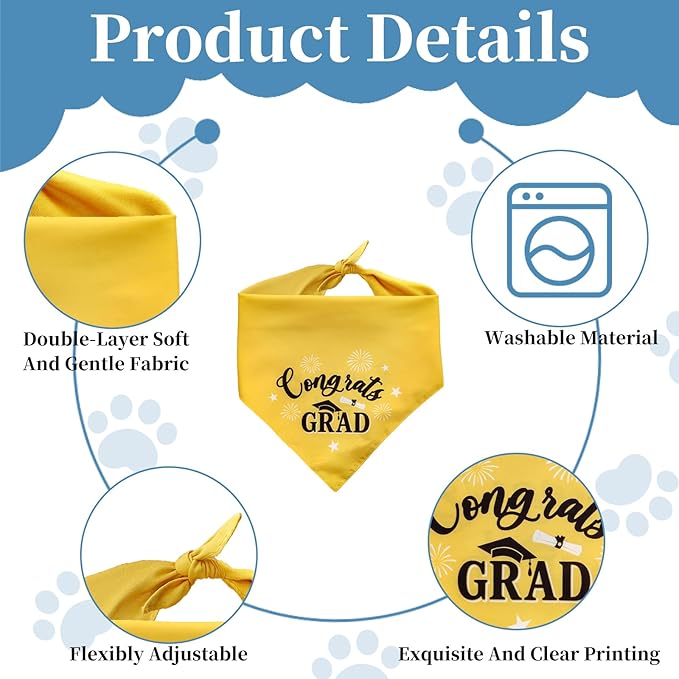 2 Pack Cozy Graduation Dog Bandanas Triangle Double-Layer with Double-Sided Print Dog Scarf Washable Pet Bandana for Small Medium Large Dogs Bandana for Dogs Graduation Outfit Decor Supplies
