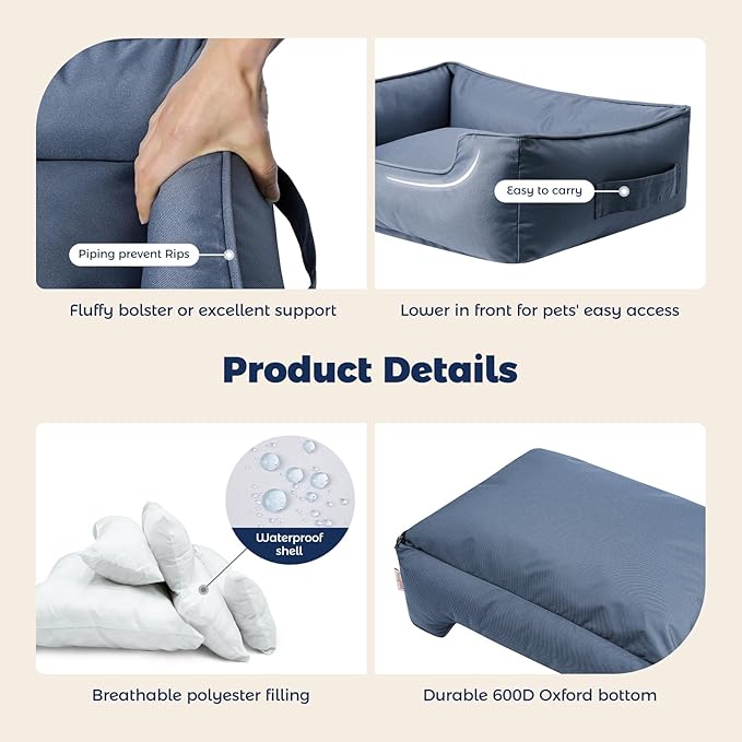 Miguel Waterproof Outdoor Dog Bed for Medium Small Dogs, Oxford Pet Bed Tough with Sides Easy Clean, All Weather Rectangle Puppy Bed with Removable Cover Bolster Bed Scratch Resistant, 35 inches