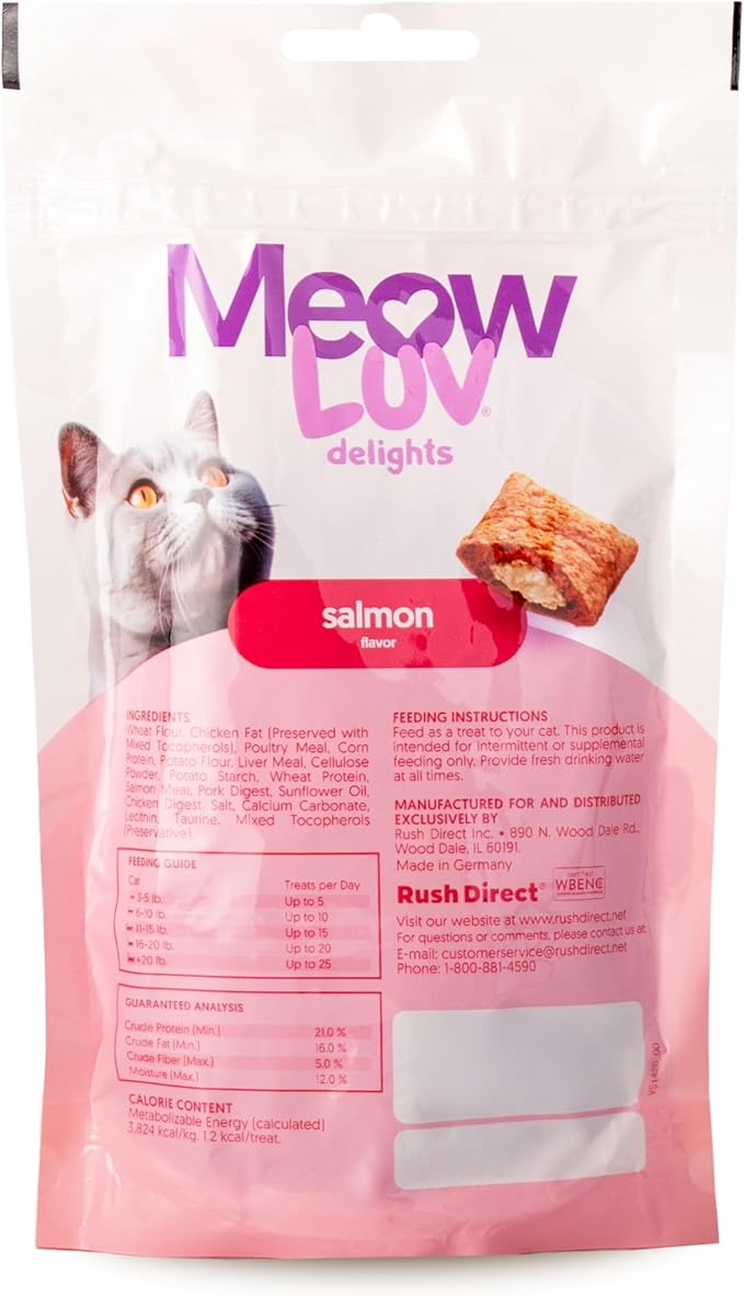 Ultra Chewy Meow Luv Delights Crunchy Cat Treats with Creamy Center - Salmon and Chicken Flavors - Premium Cat Snacks - Soy-Free Recipe - Salmon Flavor - Healthy Treats for Indoor Cats - 4 Pack