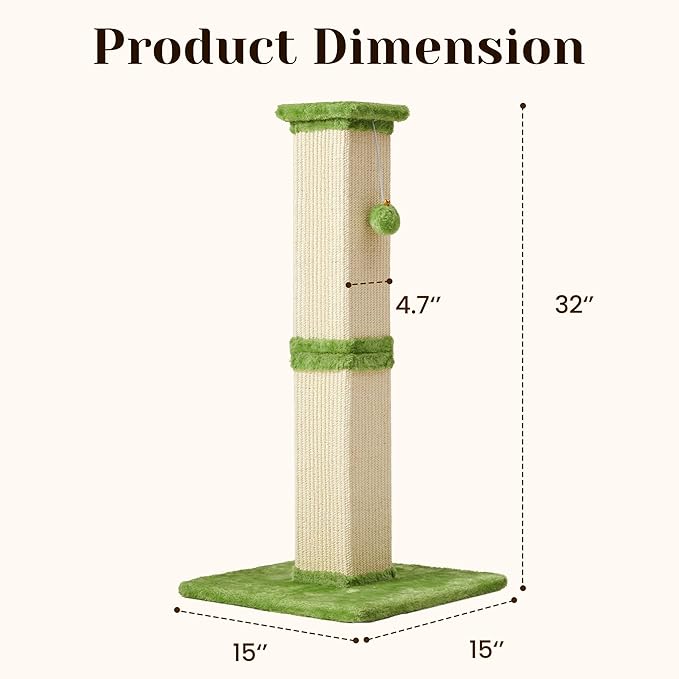 Tall Cat Scratching Post, 32'' Heavy Duty and Thick Scratching Post, Scratching Post for Adult Cats, Thick Sisal Rope with Hanging Ball, Green
