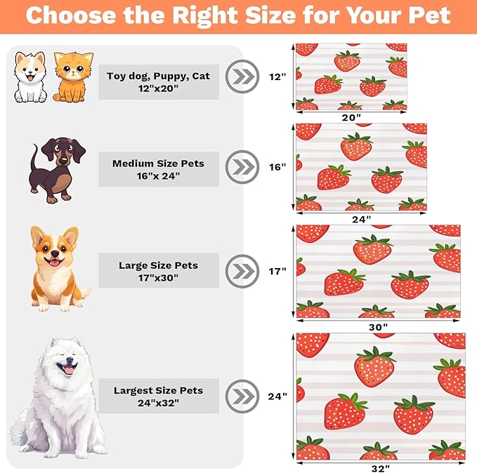 Red Strawberry Dog Food Mat for Floors Absorbent Dog Bowl Mat for Food and Water Dispenser Quick Dry Cat Food Placemat Pet Supplies 24" x 32", Stripe
