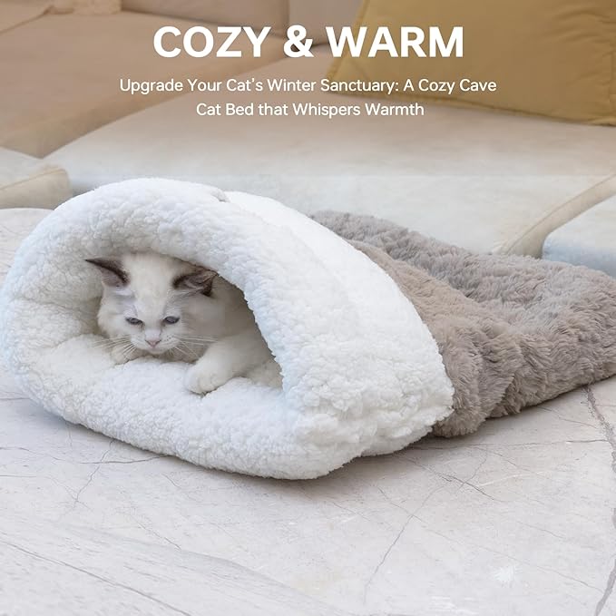 Cat Bed Cave 4 in 1 Cat Sleeping Bag Cute Self Warming Cat Cave with Plush Portable Snuggle Sack/Hideway for Indoor Cats & Small Pets Coffee 21×17 Inch