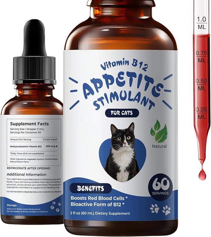Appetite Stimulant for Cats – Liquid Vitamin B12 Drops, Methylcobalamin(Methyl B12) Cat Supplement, Boosts Appetite, Energy, Mood, Recovery - 2 fl oz (60ml)