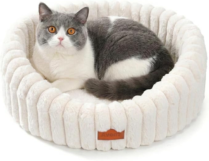 Avont Fluffy Cat Bed for Indoor Cats, Cozy Plush Sleeping Nest for All Sleep Styles, Washable Removable Cushion & Anti-Slip Base, Calming Round Bed for Kittens & Small Dogs – Cream(M)