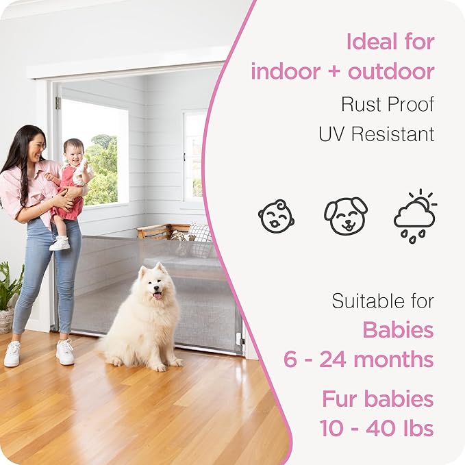 Retractable Baby Gate Perma Child Safety 33" Tall x 71” Wide, Mesh, for Stairs, Doorways, Dogs, Pets, Indoor, Outdoor, One-Handed Operation, Locking, Easy Install, Hardware Mount, Gray