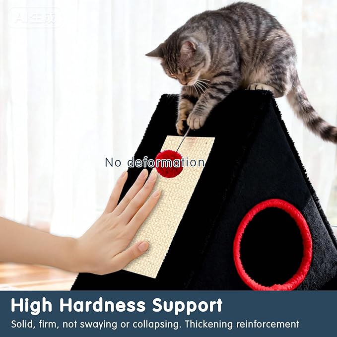 Cat Beds for Indoor - 2 in 1 Cat Cave House Tent for Kittens and Small Pets with Fluffy Ball Hanging and Scratch Pad,Foldable Kitten Hideaway with Non-Slip Bottom, Black, 17 inches