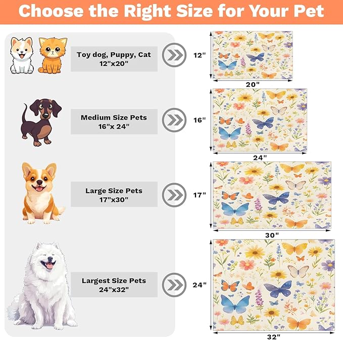 Butterfly Flower Dog Food Mat for Floors Absorbent, Quick Dry Water Dispenser Mat for Food, Water, Pet Supplies 12" x 20", Colorful Floral