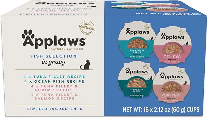 Applaws Natural Wet Cat Food in Gravy, Limited and Natural Ingredients, High Protein with No Artificial Additives, Fish Selection in Gravy (16 x 2.12 oz Easy-Open Cups)
