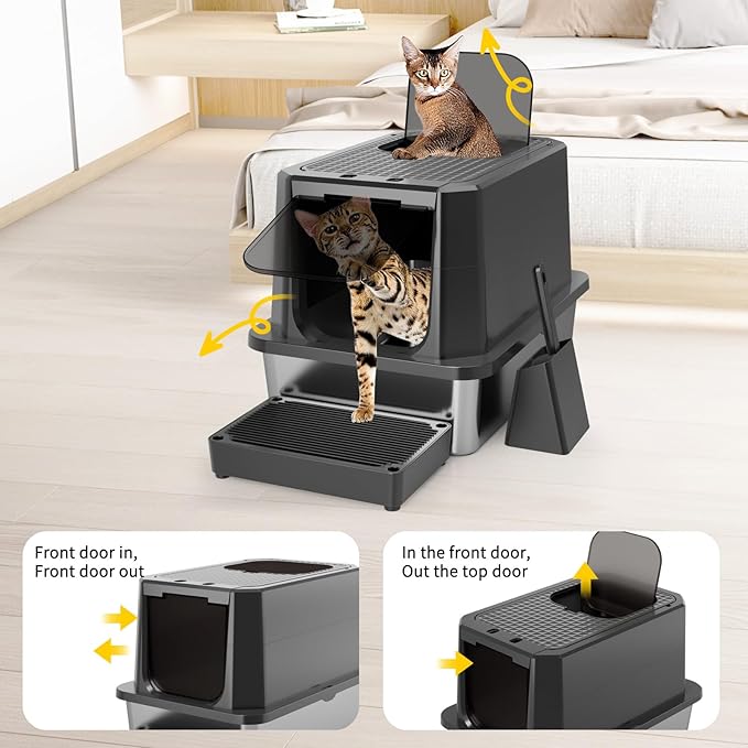 RIZZARI Enclosed Cat Litter Box: All Black Stainless Steel - Odor-Resistant & Easy Wipe Clean - Teflon Non-Stick Coating for Quick Cleaning - Large Top-Exit Pan for Modern Homes Garage