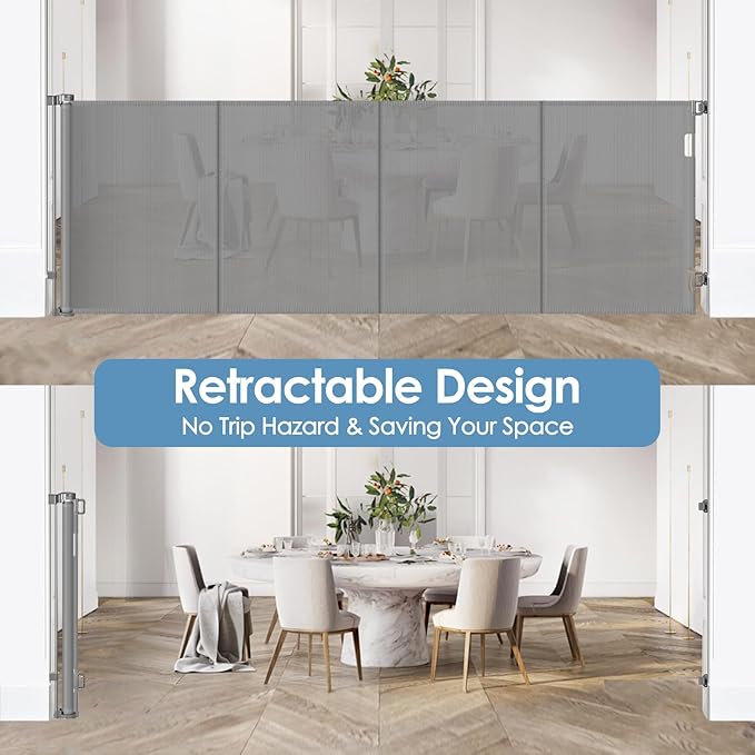 Reinforced 200 Inch Extra Long Retractable Baby Gates for Large Openings, Upgrade Extra Long Pet Gate to Prevent Bottom Crawling Through, 16 Ft Mesh Baby Gate Extra Wide Dog Gates for The House, Gray