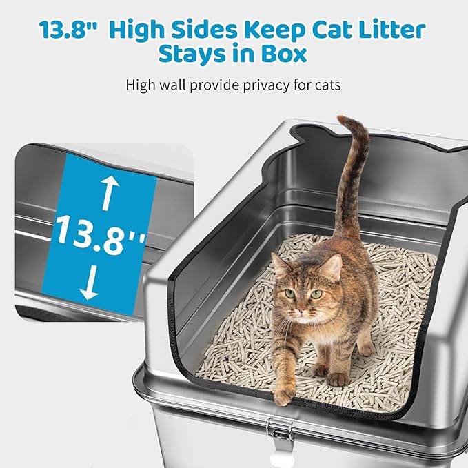 Extra Large Stainless Steel Cat Litter Box, 27.5" L x 19.7" W x 14" H XXXL Semi Enclosed Removable Metal Litter Tray with High Sided Enclosure, Scoop, Anti-Leakage, Non-Sticky, Easy Cleaning