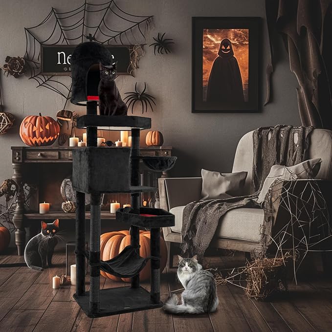 Tangkula Gothic Cat Tree, 83 Inch Tall Cat Tower with Sisal Covered Scratching Posts, 2 Coffin Beds, 2 Cat Condos, Hammock, Basket Bed, Halloween Pet Furniture, Black Goth Cat Tree for Indoor Cats