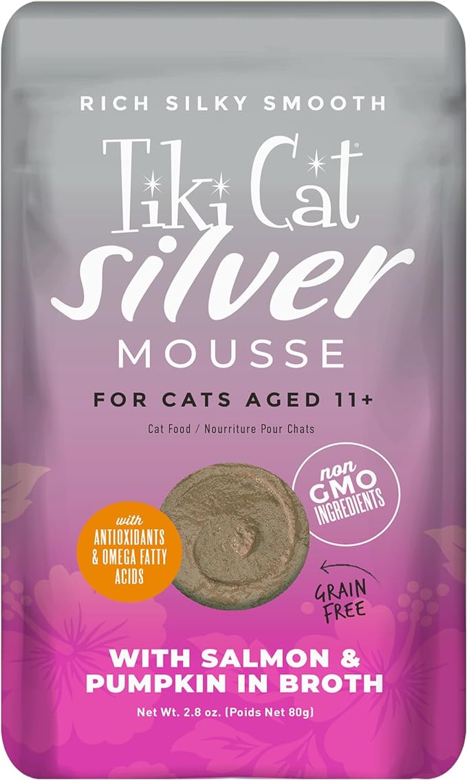 Tiki Cat Silver Mousse, with Salmon & Pumpkin in Broth, Silky Smooth Nutrient Rich Formulated for Older Cats Aged 11+, 2.9 oz. Pouch (12 Count)