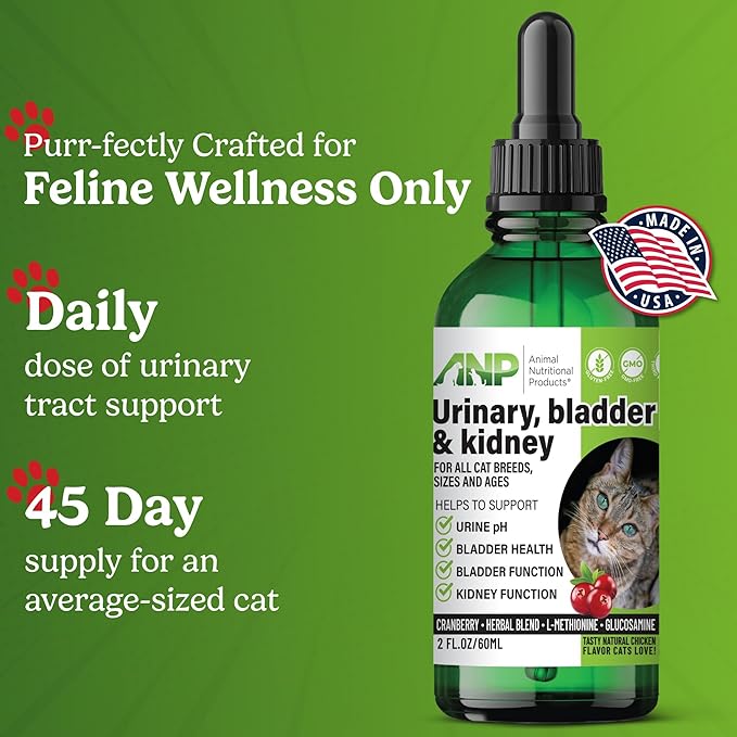 ANP Cat Urinary, Kidney & Bladder Support- Liquid Supplement with Cranberry & Herbal Blend, Natural Wellness Formula for Cats, Easy-to-Use, Tasty Chicken Flavor, 2 fl.oz /60 ml Bottle, 45 Day Supply
