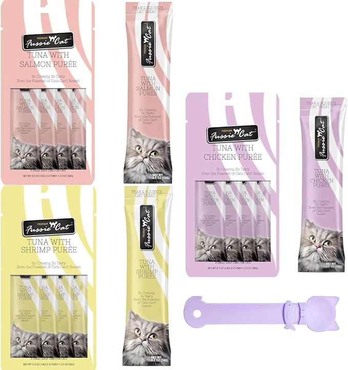 Fussie Cat Premium Puree Lickable Cat Treats in Tuna Puree, Lickable Treats, 3 Packs of 4-0.5oz Tubes,(12 Total Tubes) Variety Flavor Pack of 3 Flavors. Salmon, Shrimp, Chicken + Lid