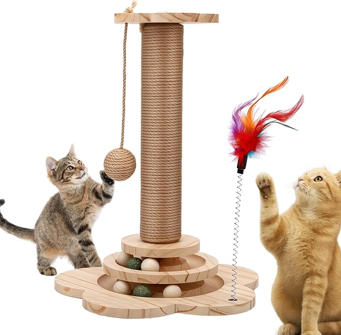 Cat Scratching Post, Cat Tower Scratch Post, Cat Tower with Scratching Post, Wooden Cats Tree with Solid Wood Waterproofing Base Cat Toy and Interactive Ball for Adult Cats & Kittens (Large)