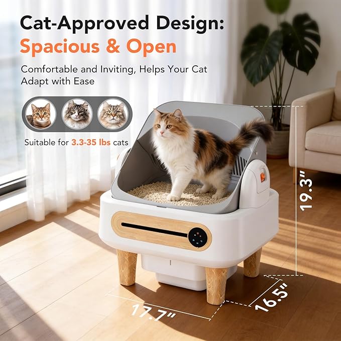 RPZ Automatic Cat Litter Box Self Cleaning, Robot Litter Box for Multiple Large Cats, Open Top Auto App Control Ultra-Quiet, Durable, Keep Home Freshness, Wood Grain