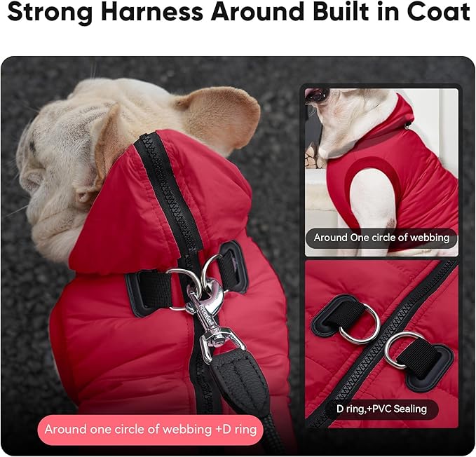 Fleece Lining Dog Hoodie with Harness Built in,Extra Warm Large Dog Jacket in Winter Doggie Coats with Hooded,Red XXL