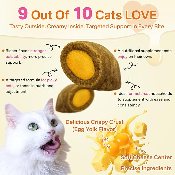 Cat Probiotics + Multivitamin– 500 Chews Crunchy & Creamy Cheese Core with 8-in-1 Support for Immune - Skin & Coat, Digestion, Heart, Bone, and Brain Health for All Cats