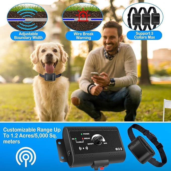 Electronic Dog Fence, Remote Dog Training Shock Collar & In-ground Pet Boundary Containment System, Covers up to 1/2 Acre, Waterproof Tone / Static Correction, Pet Fence for Stubborn Dogs,for3dogs