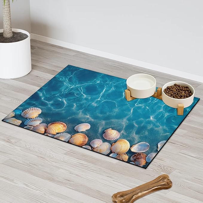 Ocean Seashell Dog Food Mat for Floors Absorbent Dog Bowl Mat for Food and Water Dispenser Quick Dry Cat Food Placemat Pet Supplies 16" x 24", Hawaiian Seaside