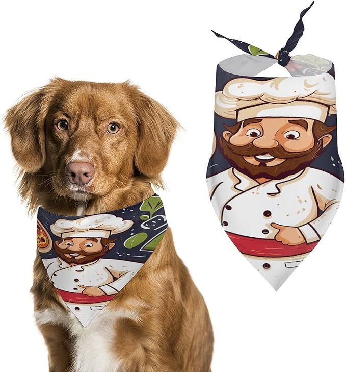 Dog Bandana Spring Pet Scarf Adjustable Triangle Chef Pizza Printing Dog Bib Washable Polyester Puppy Bandana for Small Medium Large Dogs Cat Birthday Party Supplies