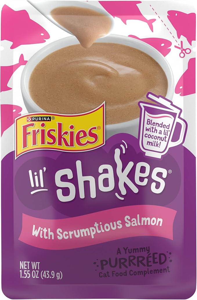 Purina Friskies Pureed Cat Food Topper, Lil’ Shakes With Scrumptious Salmon Lickable Cat Treats - (Pack of 16) 1.55 oz. Pouches