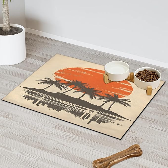 Hawaiian Sunset Dog Food Mat for Floors Absorbent, Quick Dry Water Dispenser Mat for Food, Water, Pet Supplies 17" x 30", Palm Tree