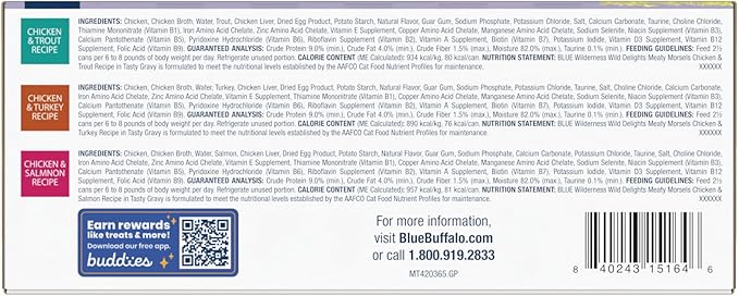 Blue Buffalo Wilderness Wild Delights High Protein Grain Free, Natural Adult Meaty Morsels Wet Cat Food, Chicken & Turkey, Chicken & Trout, Chicken & Salmon 3-oz cans (12 Count - 4 of Each Flavor)