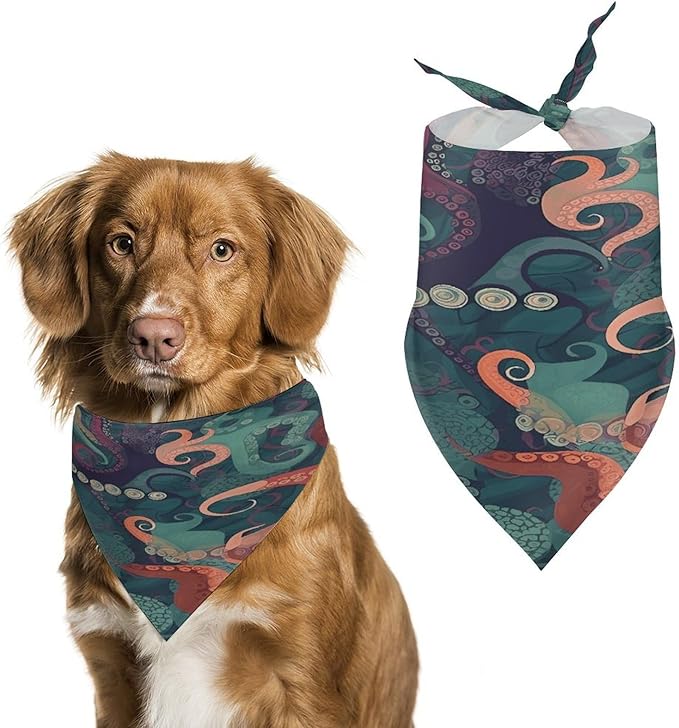 Dog Bandana Spring Pet Scarf Adjustable Triangle Abstract Octopus Printing Dog Bib Washable Polyester Puppy Bandana for Small Medium Large Dogs Cat Birthday Party Supplies